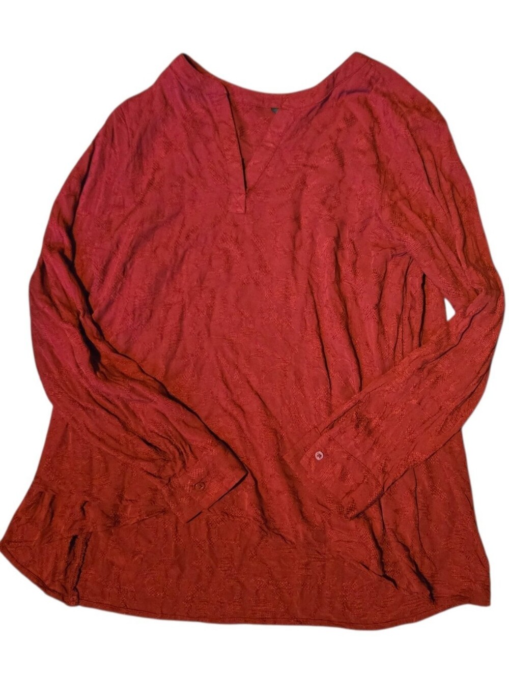 Simply Vera Vera Wang Red Textured Split V-Neck Long Sleeve Blouse Tunic - M
